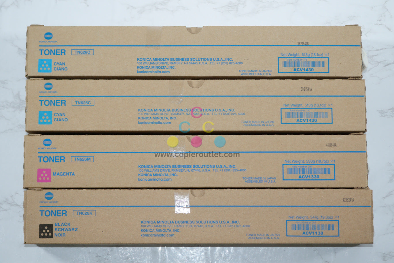 4 New OEM Konica Bizhub C450i/C550i/C650i TN626 CCMK Toners ACV1430, 330, 130