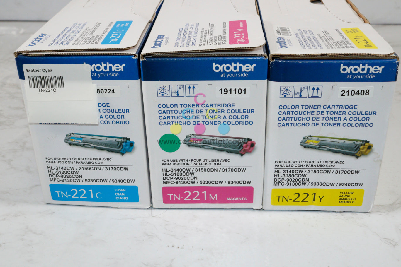 3 New OEM Brother HL-3140CW, HL-3170CDW, TN221 CMY Toners, Same Day Shipping