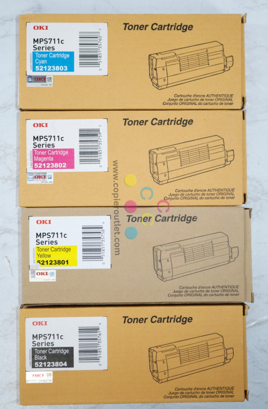 4 New OEM OKI MPS711C CMYK Toners 52123801, 52123802, 52123803, 52123804