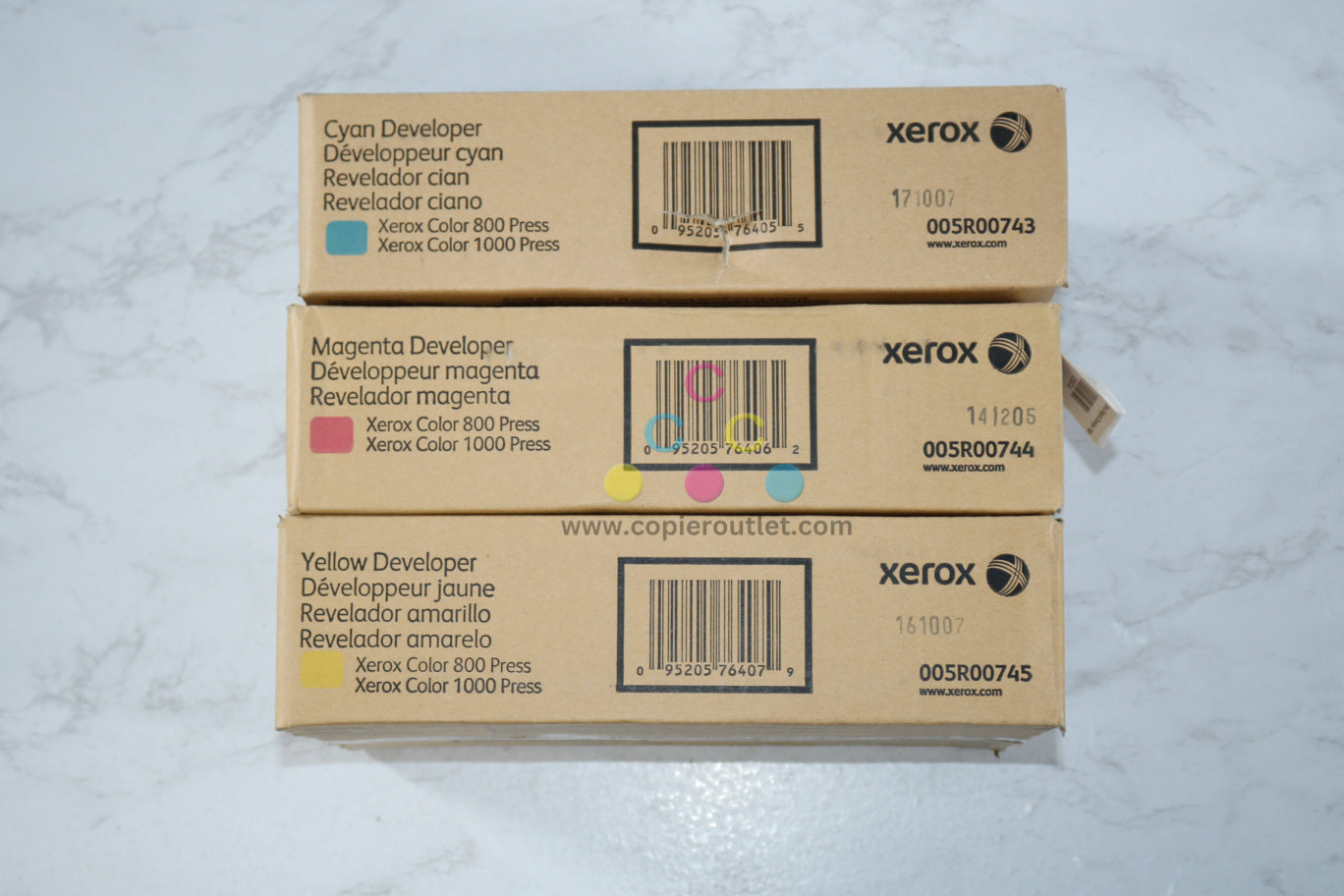 3 OEM Xerox Color 800 Press, 1000 Press CMY Developers 005R00743,44,45