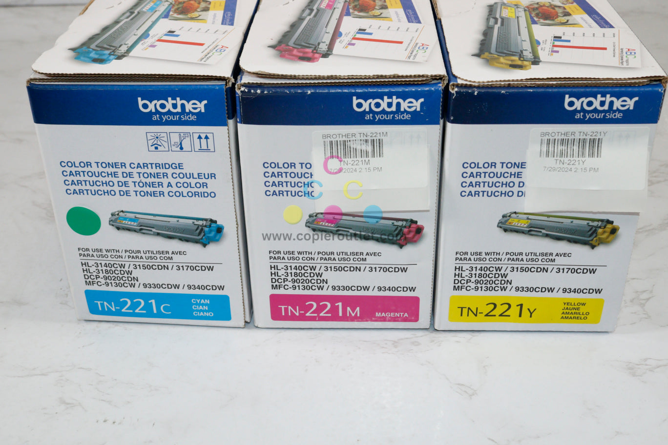 3 New OEM Brother HL-3140CW, HL-3170CDW, TN221 CMY Toners, Same Day Shipping