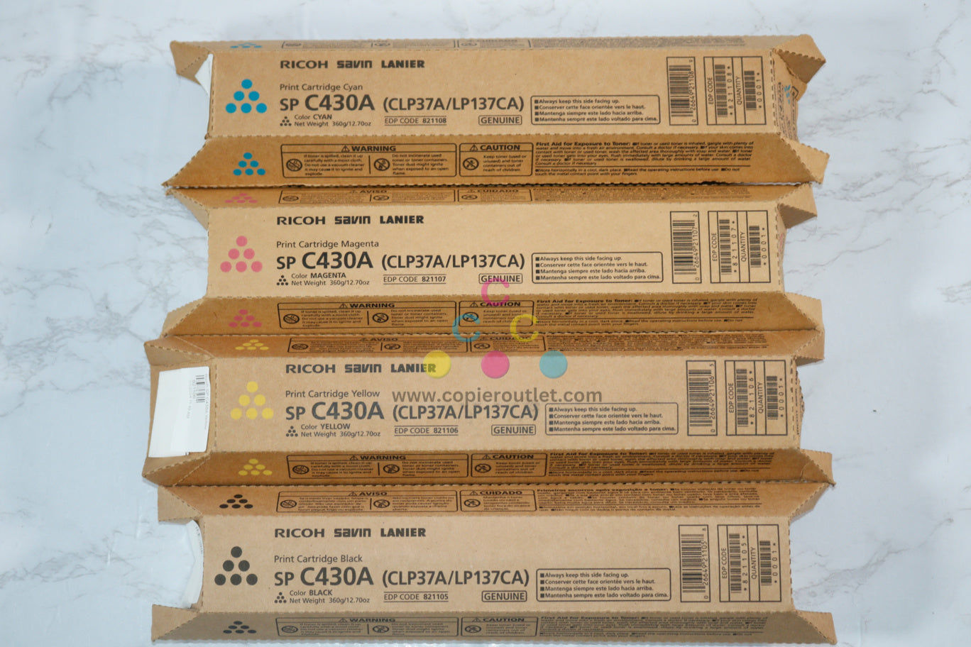 4 New OEM Ricoh C430A, CLP37A/LP137CA CMYK Toners 821105,821106,821107,821108