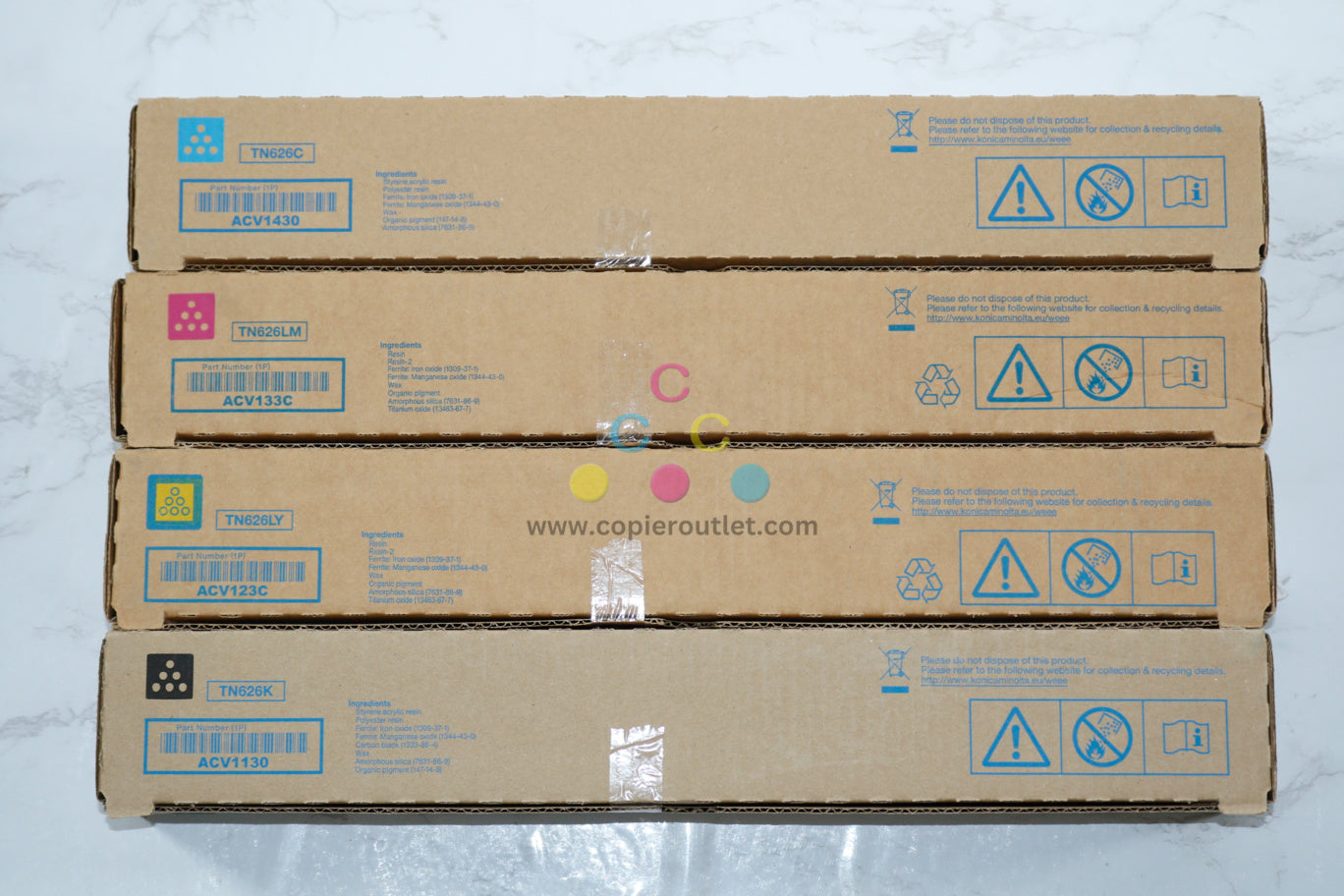 4 New OEM Konica Bizhub C450i/C550i TN626 C,LM,LY,K Toners ACV1130,23C,33C,430