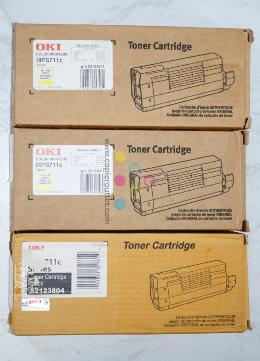 3 New OKI MPS711C YYK Yellow and Black Toner Cartridges 52123801, 52123804