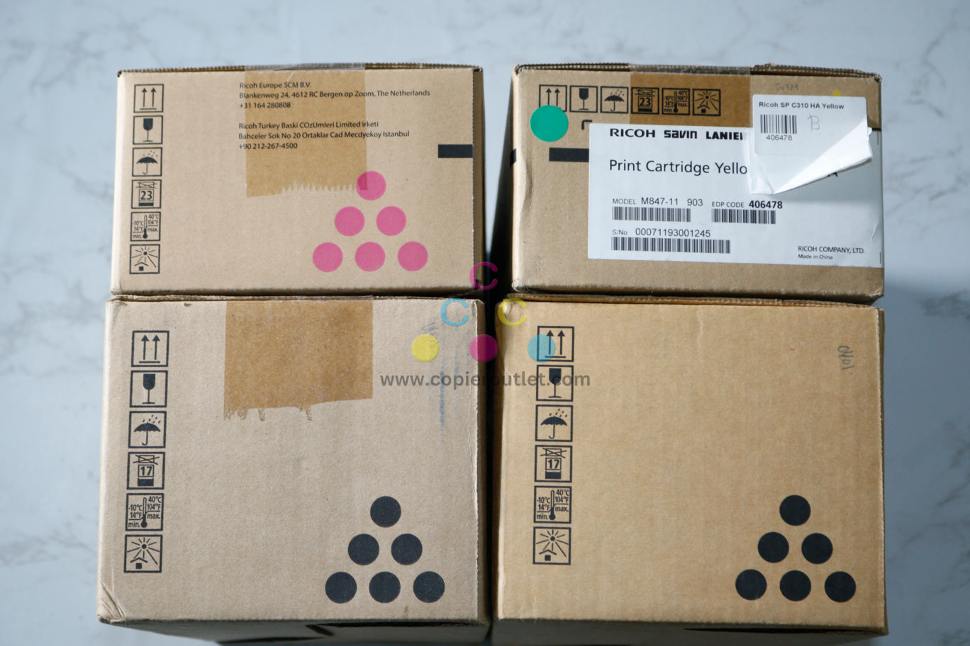 4 OEM Ricoh SP310HA,SPC231N,SPC232DN MYKK Hi Yield Toners 406475,406477,406478