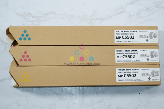 3 New OEM Ricoh MPC4502, MPC5502, CMY Toner Cartridges 841680, 841681, 841682