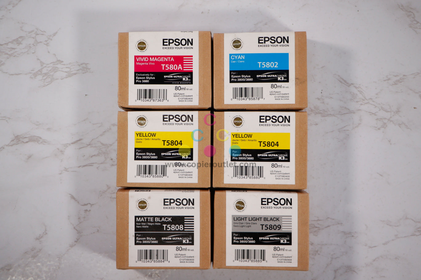 6 New OEM Epson Pro 3800,3880 C, VM, Y, MBK, LLBK Inks T580A,T5802-T5809