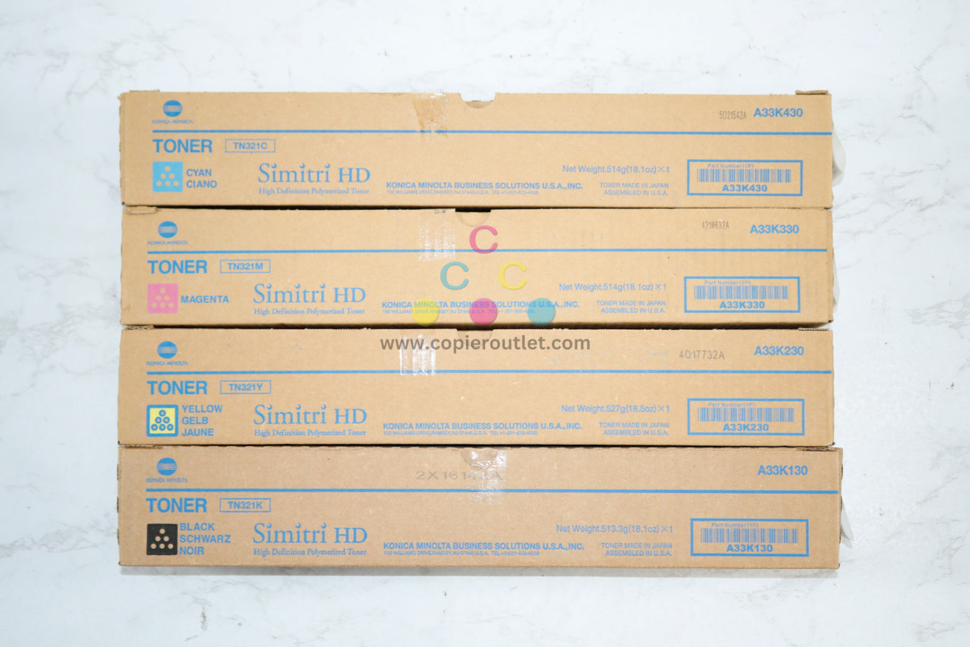 4 New OEM Konica Minolta C224,C224e,C284,C364 TN321 CMYK Toners Same Day Ship