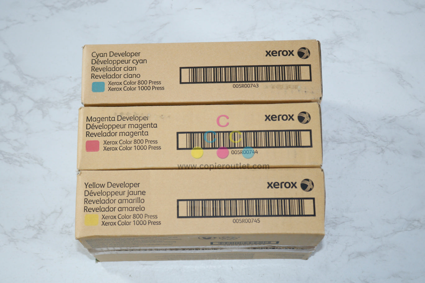 3 OEM Xerox Color 800 Press, 1000 Press CMY Developers 005R00743,44,45