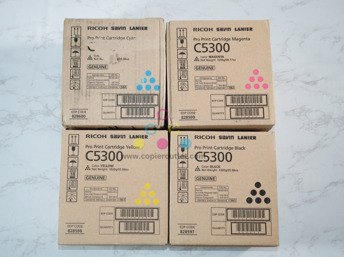 4 New OEM Ricoh Pro C5300s, C5310s CMYK Toners 828597, 828598, 828599, 828600