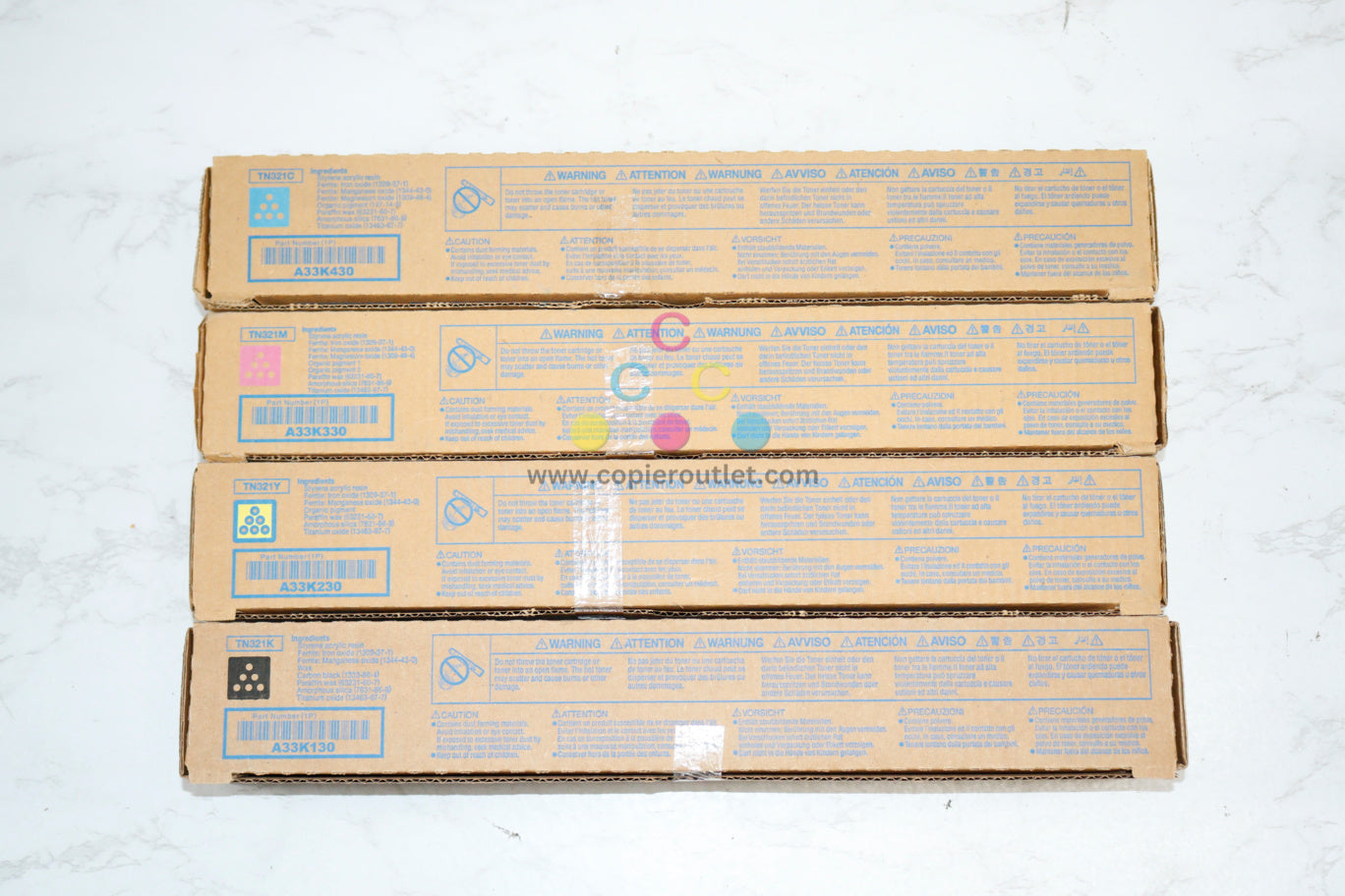 4 New OEM Konica Minolta C224,C224e,C284,C364 TN321 CMYK Toners Same Day Ship