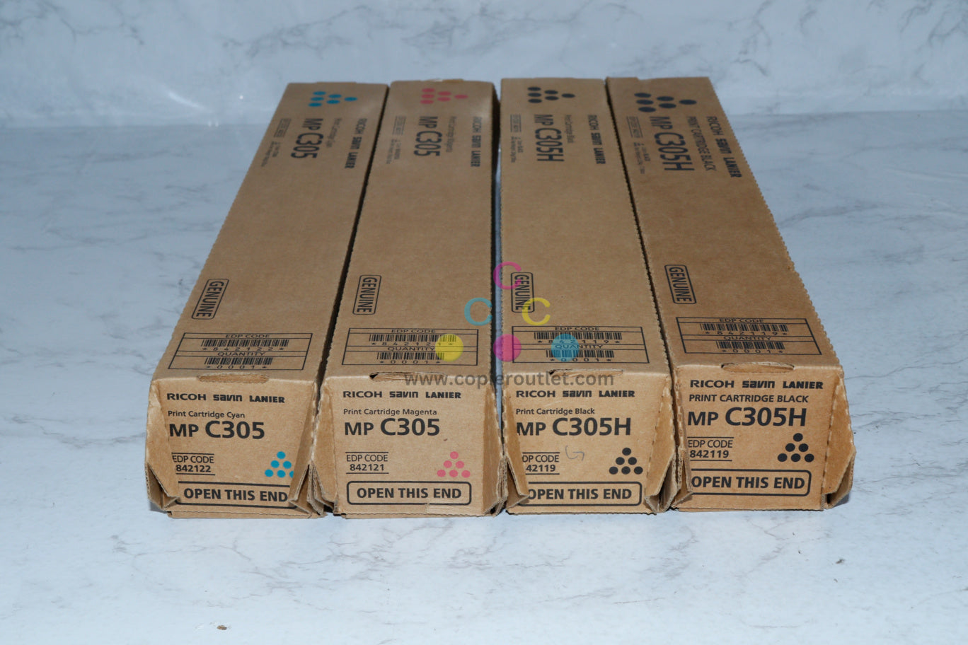 4 New OEM Ricoh MP C305, 305H CMKK Toners 842122, 842121, 842119 (No Yellow)