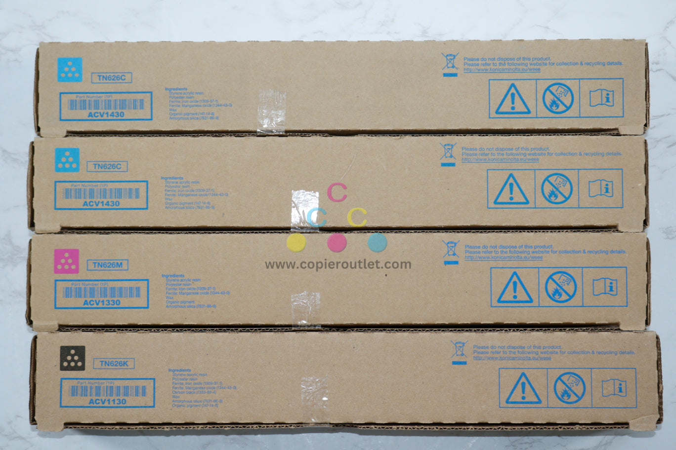 4 New OEM Konica Bizhub C450i/C550i/C650i TN626 CCMK Toners ACV1430, 330, 130