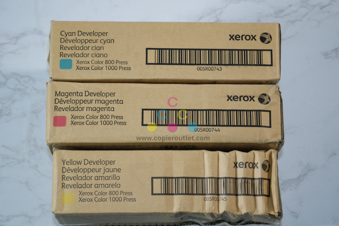 3 Cosmetic OEM Xerox Color 800 Press, 1000 Press CMY Developers 005R00743,44,45