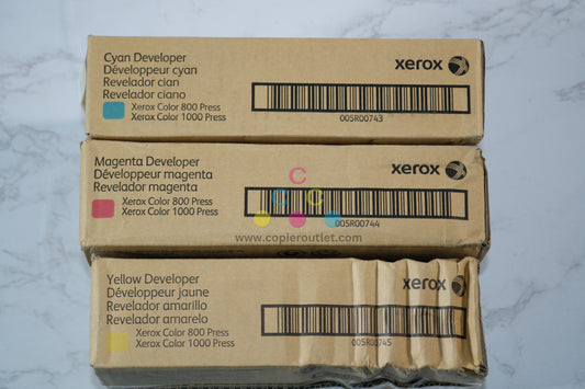 3 Cosmetic OEM Xerox Color 800 Press, 1000 Press CMY Developers 005R00743,44,45