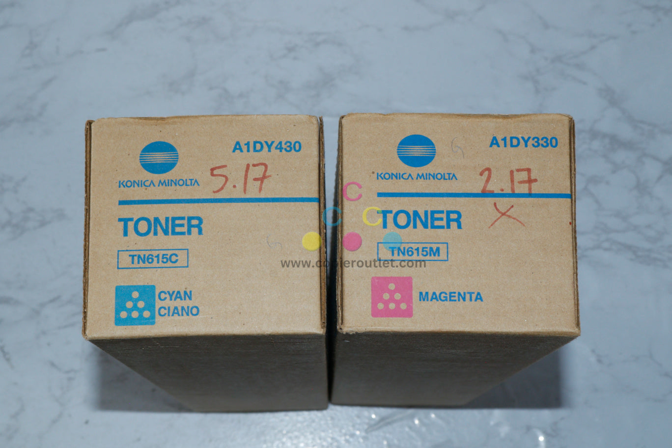 2 New OEM Konica Minolta Bizhub Press C8000, Cyan & Magenta Toners TN615C, TN615M