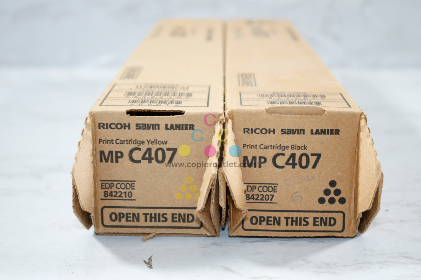 2 New OEM Ricoh MP C407 Yellow And Black Toner Cartridges 842207, 842210