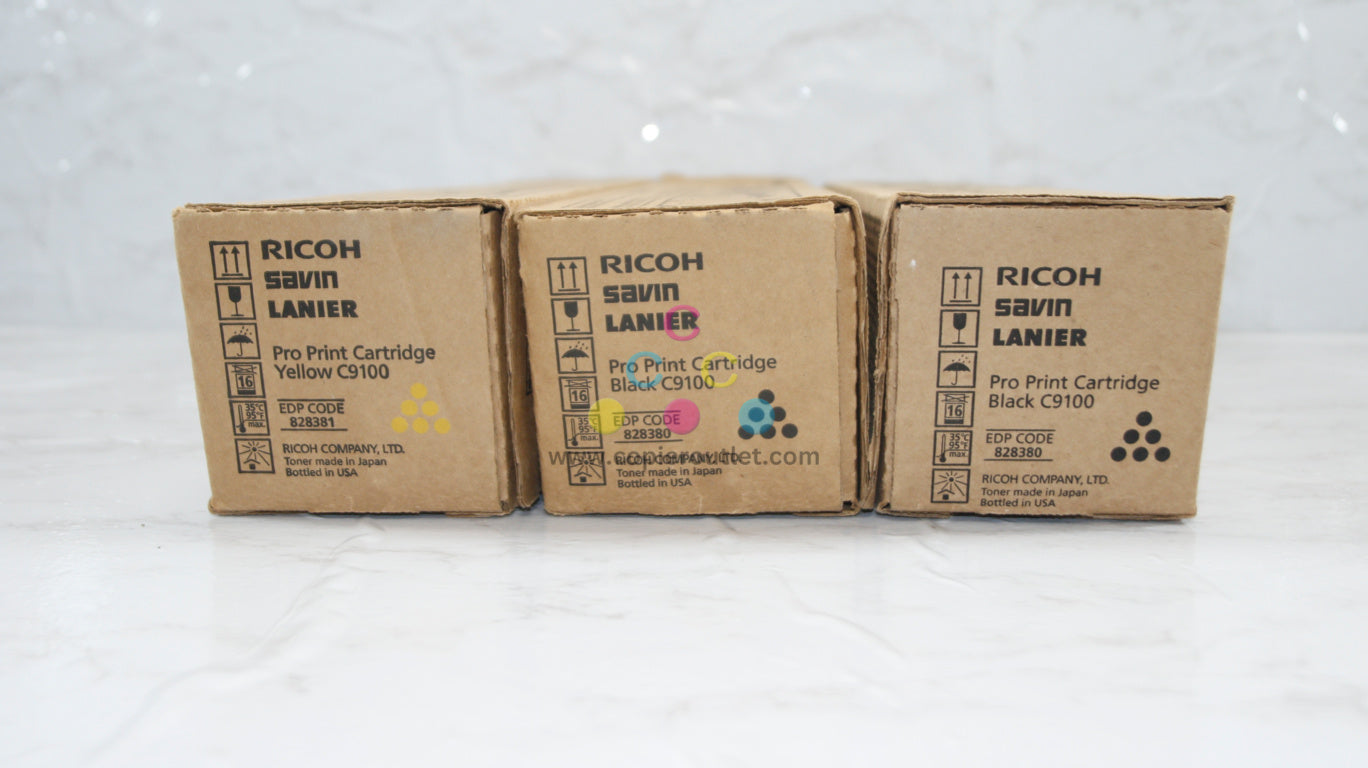 3 New OEM Ricoh Pro C9100,C9110 YKK Yellow and Black Toners 828380 (x2), 828381 (x1)