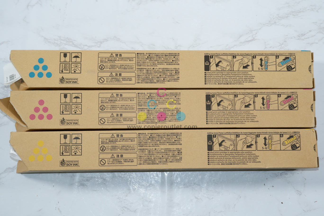 3 New OEM Ricoh MPC4502, MPC5502, CMY Toner Cartridges 841680, 841681, 841682