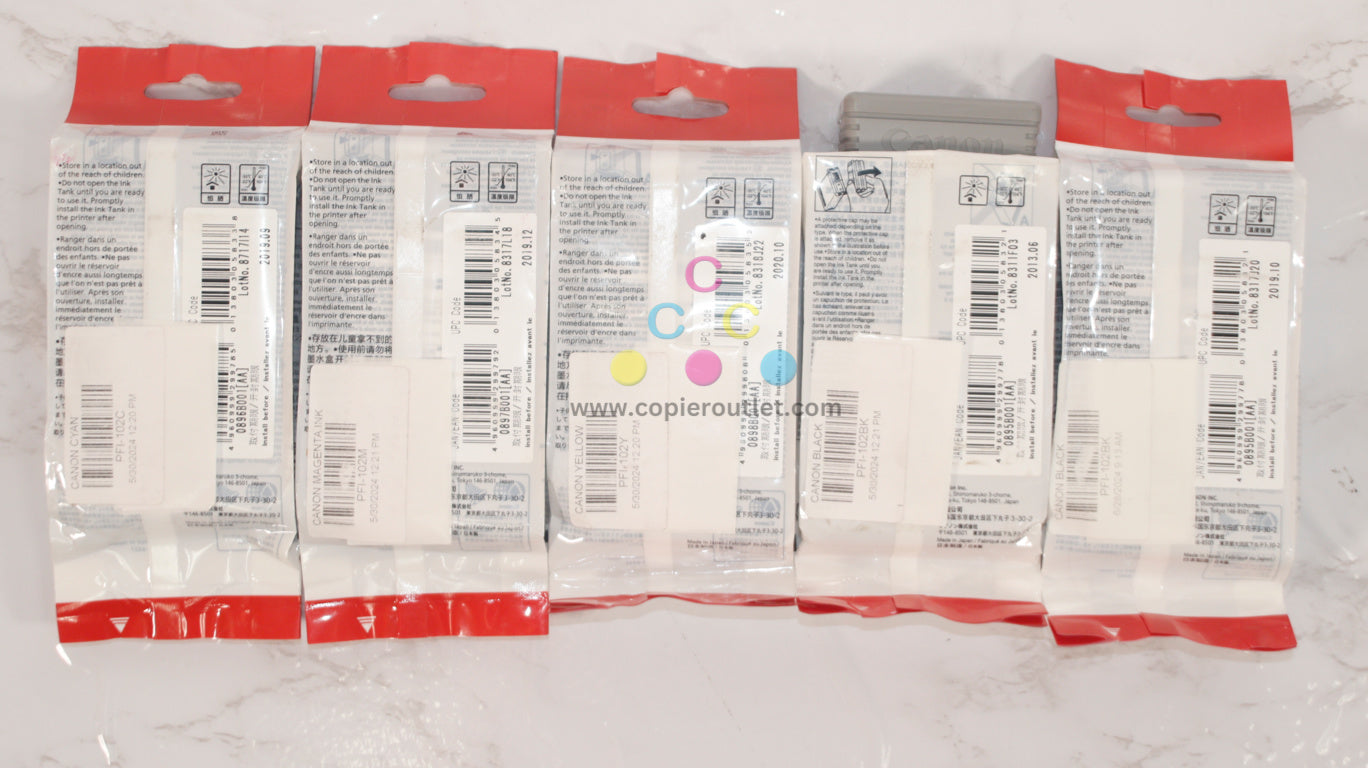 5 OEM Canon iPROGRAF 500, 510, 600, 605, 610 PFI-102 CMYKK Inks Tanks (Expired)