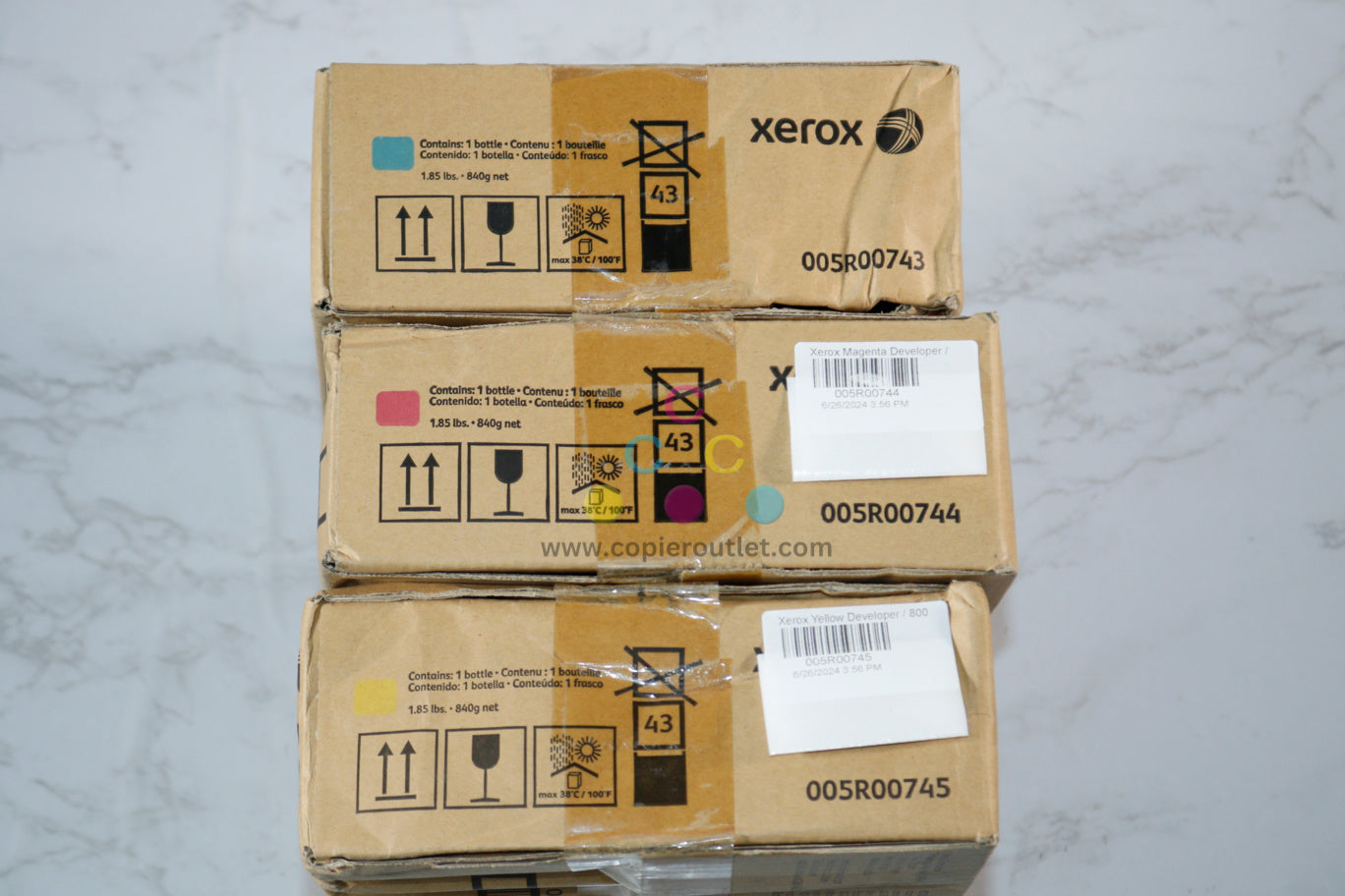 3 Cosmetic OEM Xerox Color 800 Press, 1000 Press CMY Developers 005R00743,44,45