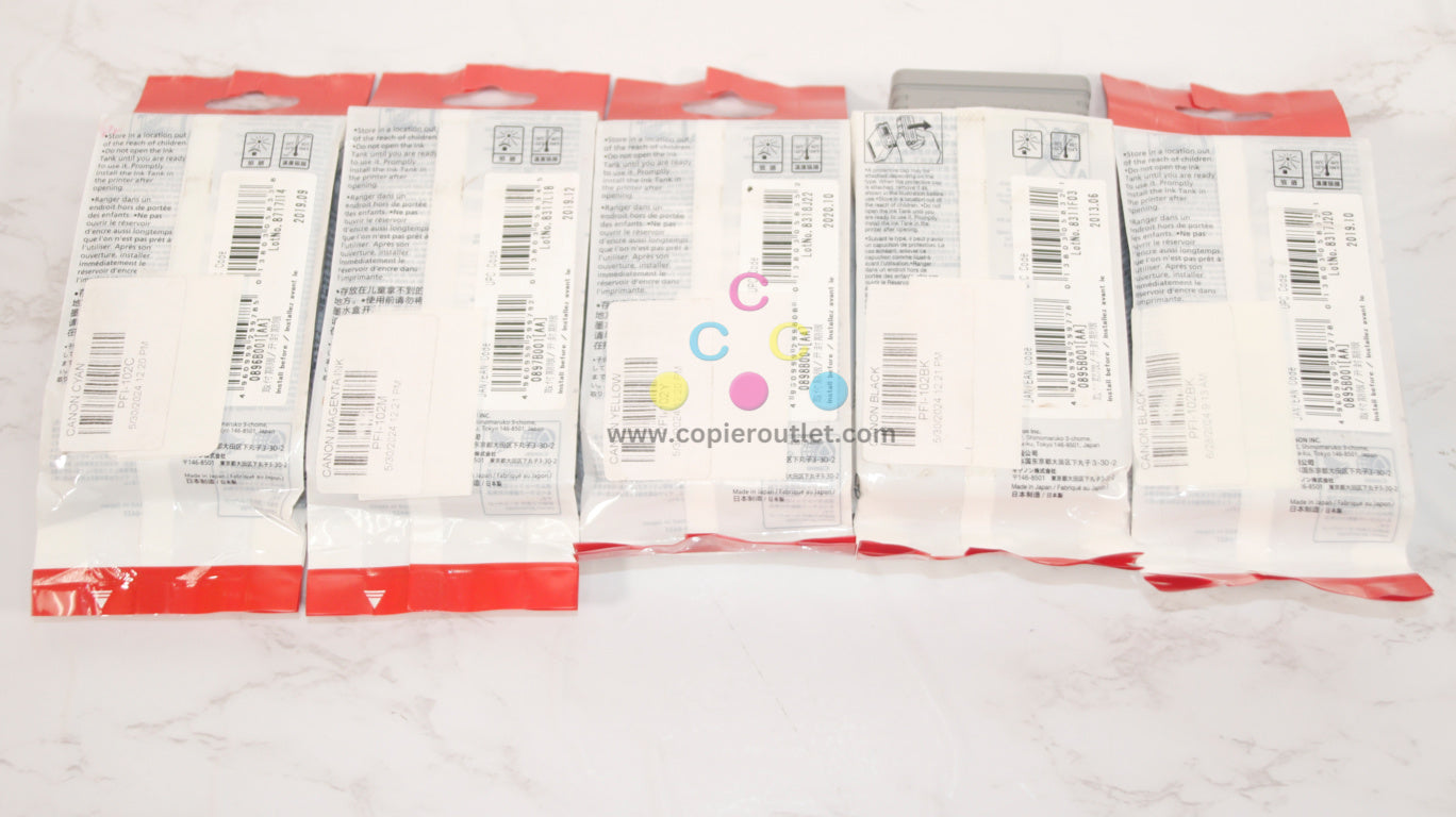 5 OEM Canon iPROGRAF 500, 510, 600, 605, 610 PFI-102 CMYKK Inks Tanks (Expired)