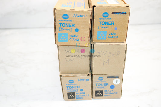 Lot of 6 OEM Konica Minolta BH C250i/C300i/C360i TN328 CCMMKK Low Yield Toners