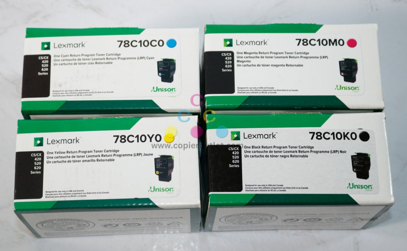 4 OEM Lexmark CS421dn,CS521dn,CS622de CMYK Toners 78C10C0,78C10M0,78C10Y0,78C10K0