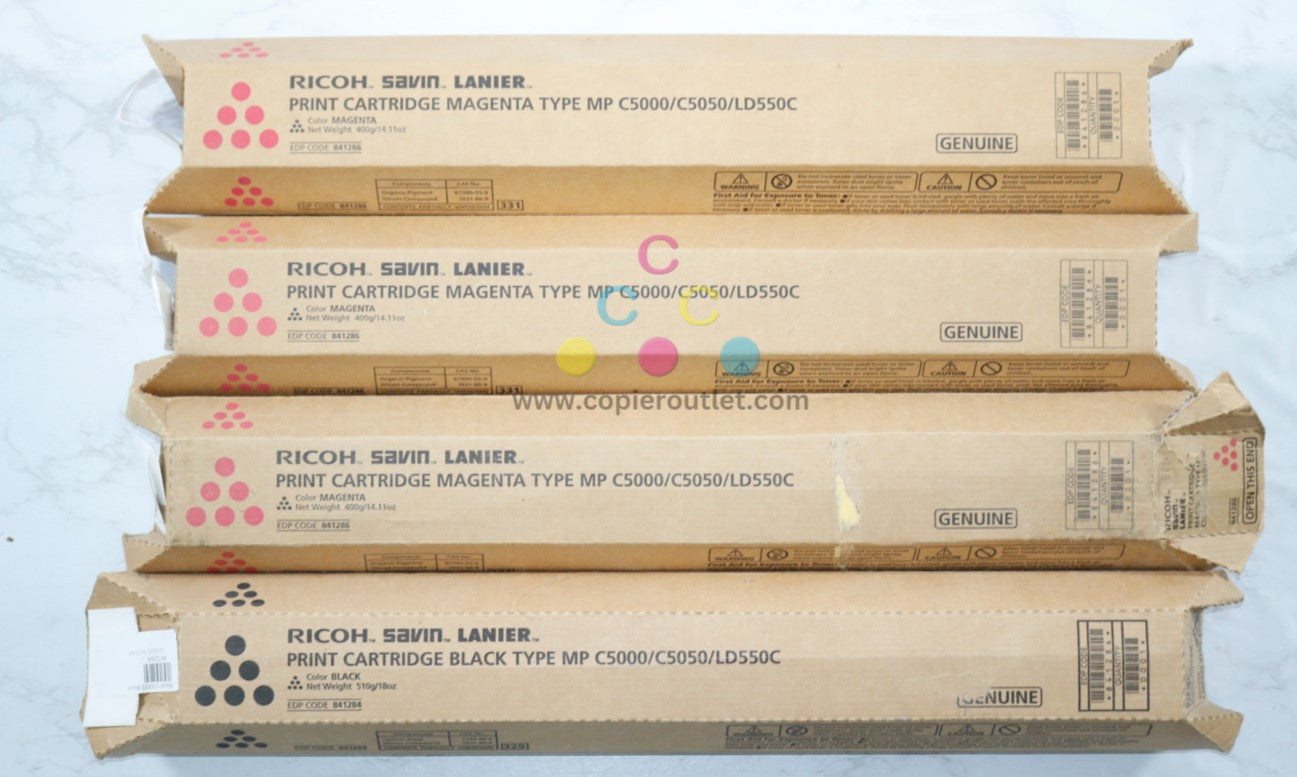 4 New OEM Ricoh C5000, C5050, LD550C MMMK Toners 841284, 841286 Same Day Ship