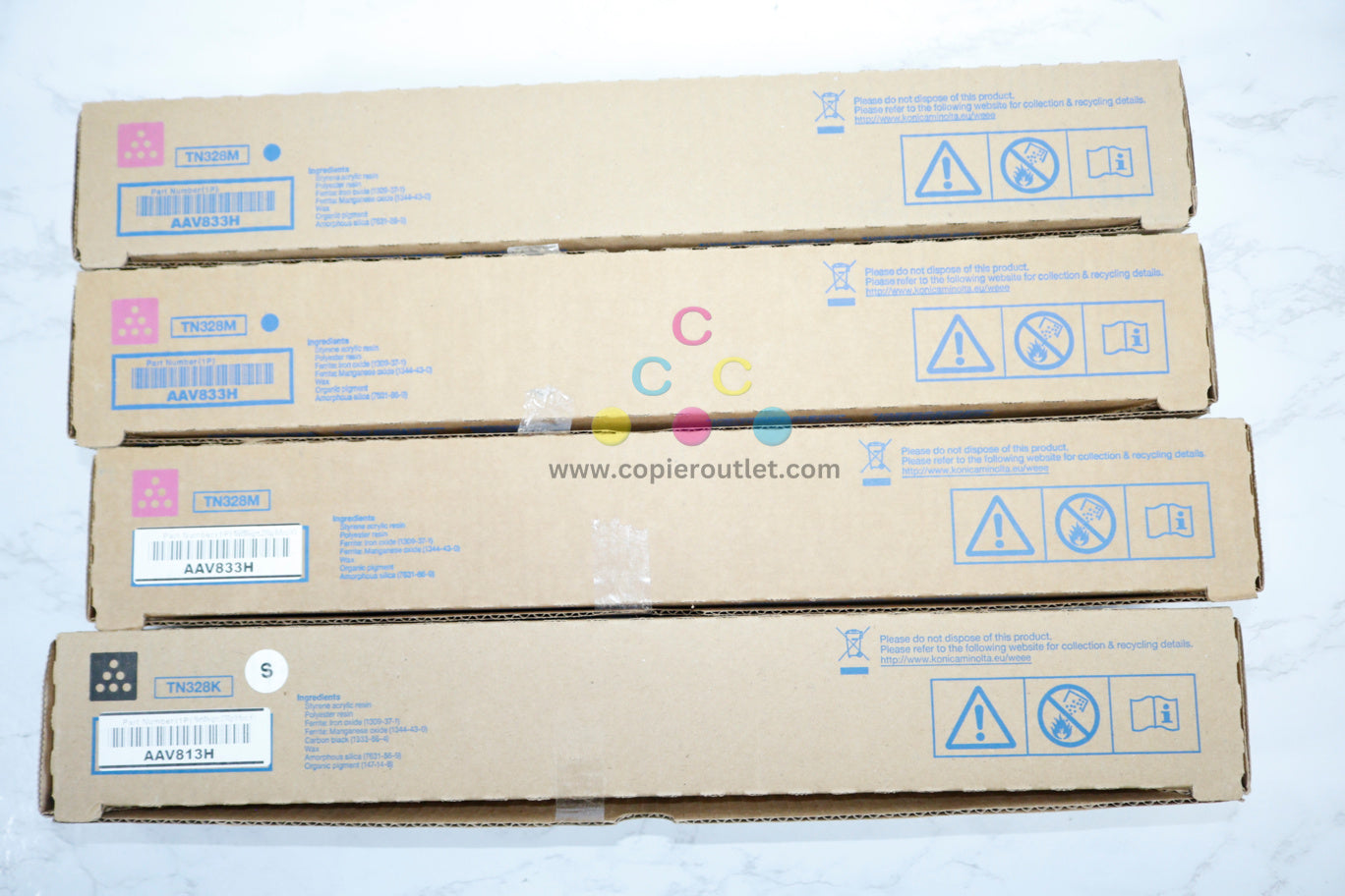 Lot of 4 OEM Konica Minolta BH C250i/C300i/C360i MMMK TN328 Low Yield Toner