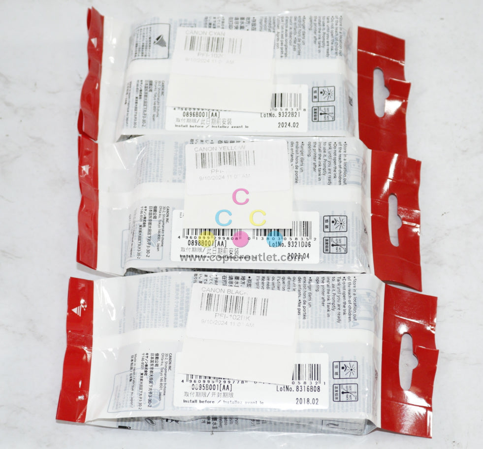 3 OEM Canon iPROGRAF 500,510,600,605,610 Ink Tanks PFI-102C, PFI-102Y, PFI-102BK