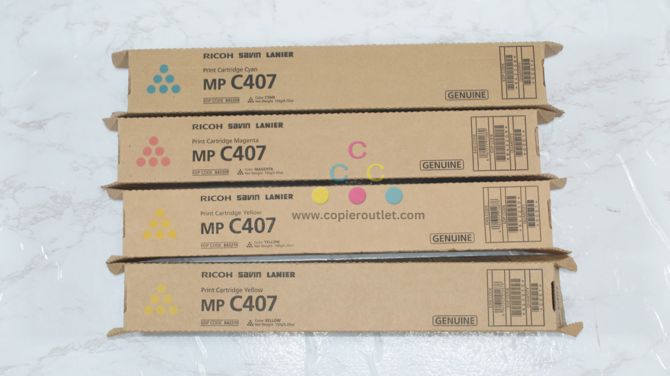 4 New OEM Ricoh MP C407 CMYY Toner Cartridges 842208,842209,842210 (No Black)