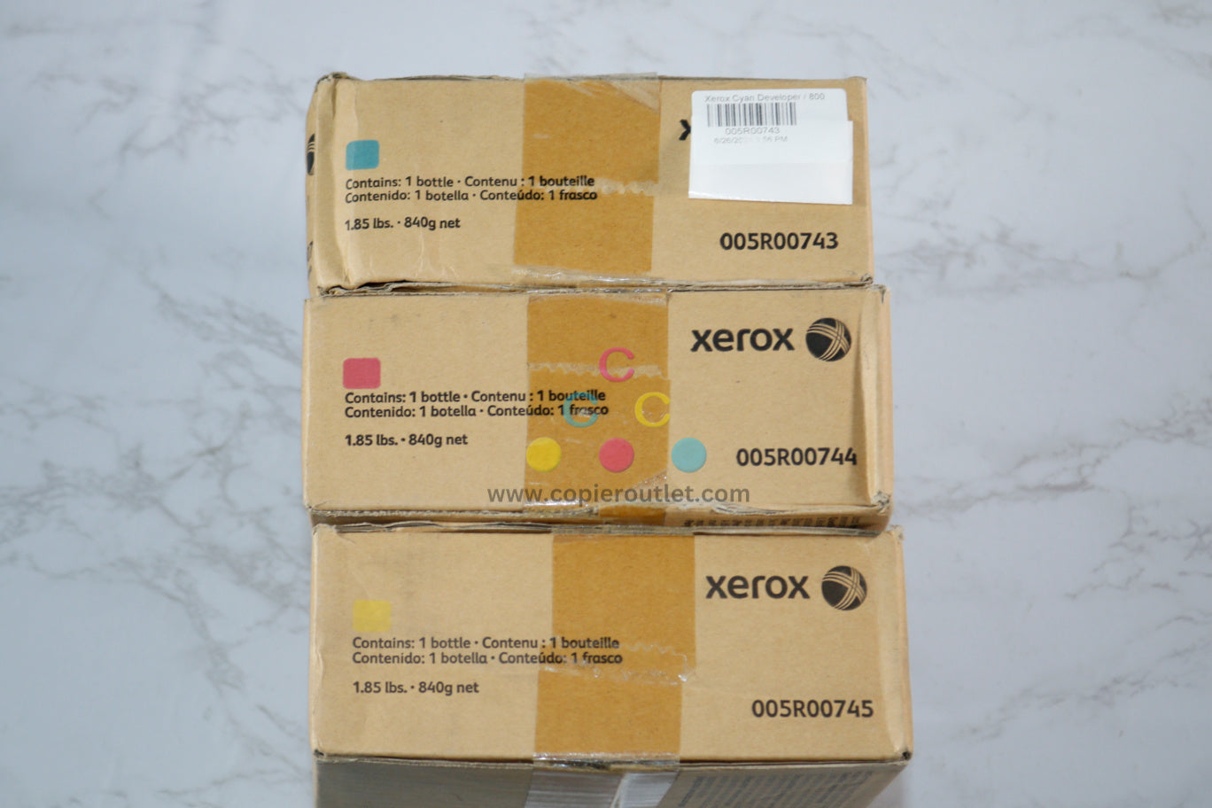 3 Cosmetic OEM Xerox Color 800 Press, 1000 Press CMY Developers 005R00743,44,45