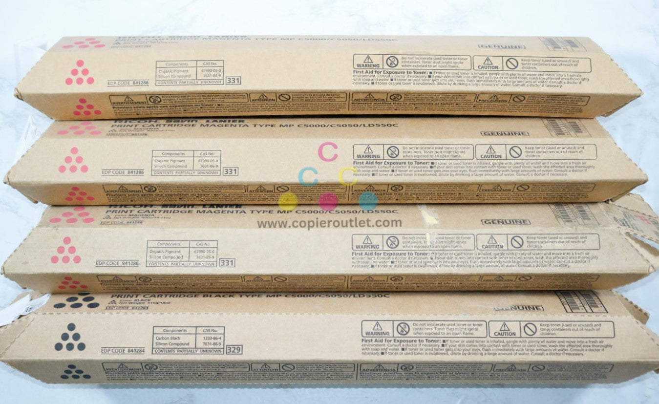 4 New OEM Ricoh C5000, C5050, LD550C MMMK Toners 841284, 841286 Same Day Ship