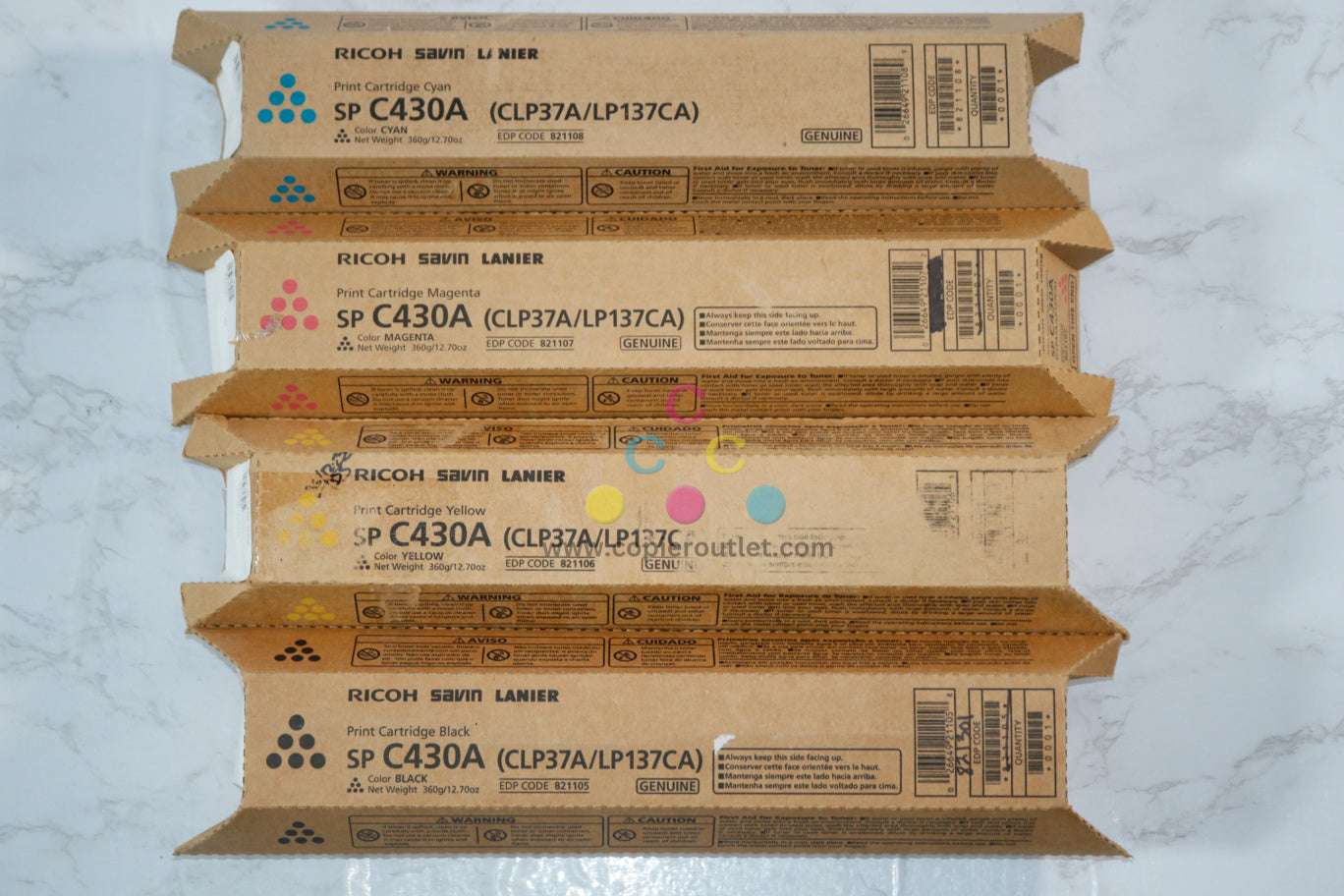 4 Cosmetic OEM Ricoh C430A,CLP37A/LP137CA CMYK Toners 821105,821106,821107,821108