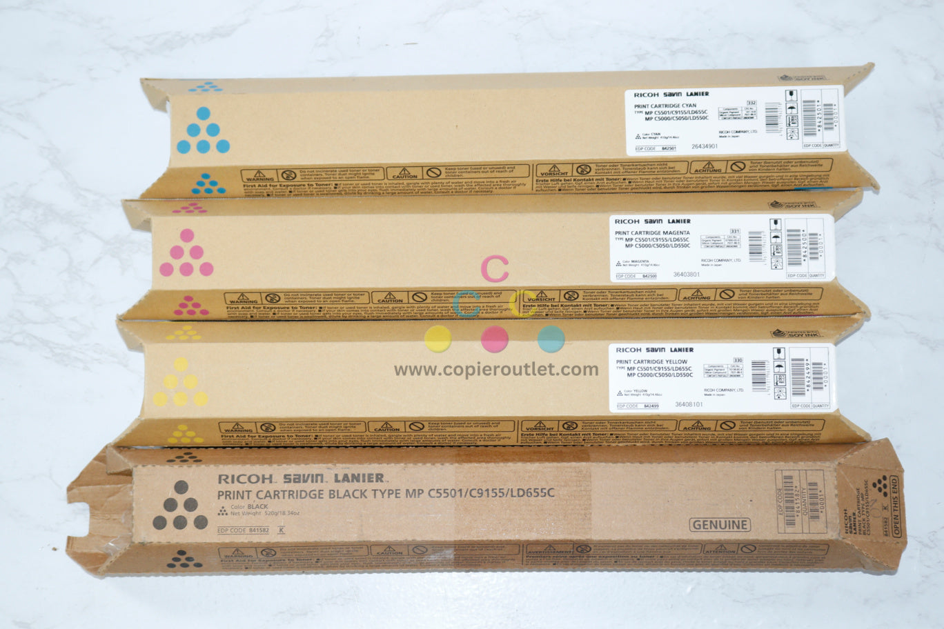 4 OEM Ricoh C5501,C9155,LD655C CMYK High Yield Toners 842499,500,501,841582