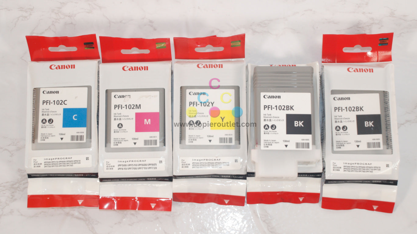 5 OEM Canon iPROGRAF 500, 510, 600, 605, 610 PFI-102 CMYKK Inks Tanks (Expired)