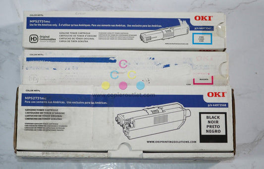 3 Cosmetic OEM OKI MPS2731mc CMK Toner Cartridges 44973566, 44973567, 44973568