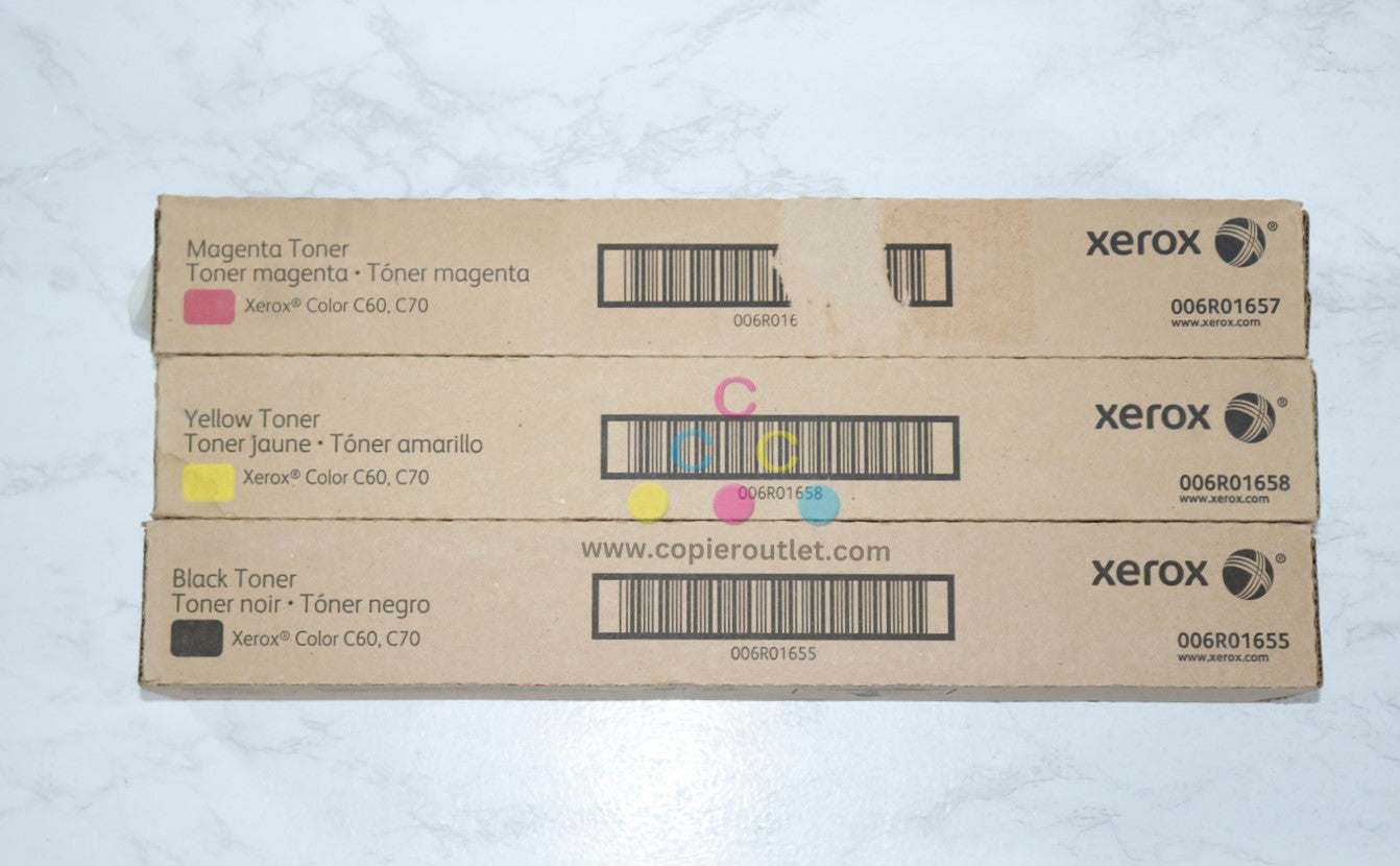 3 New OEM Xerox Color C60, C70 MYK Toner Cartridges 006R01655,6R01657, 6R01658