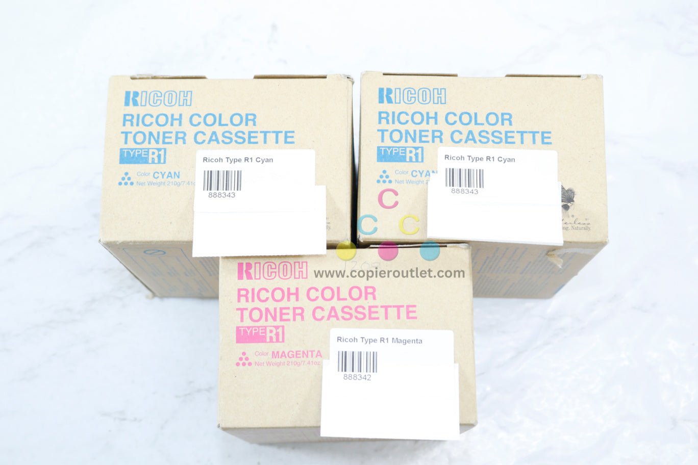 3 New OEM Ricoh Aficio 3228C, 3235C, CCM Color Toner Cassettes 888342, 888343