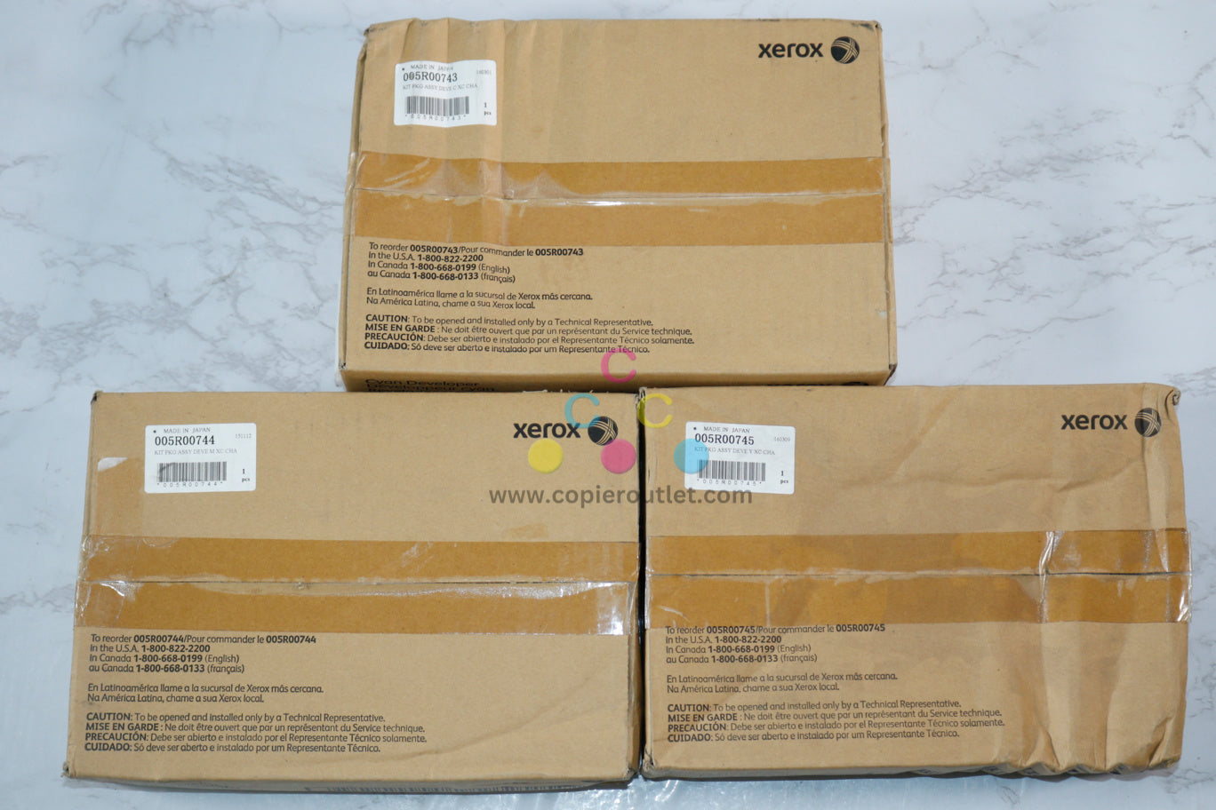 3 Cosmetic OEM Xerox Color 800 Press, 1000 Press CMY Developers 005R00743,44,45