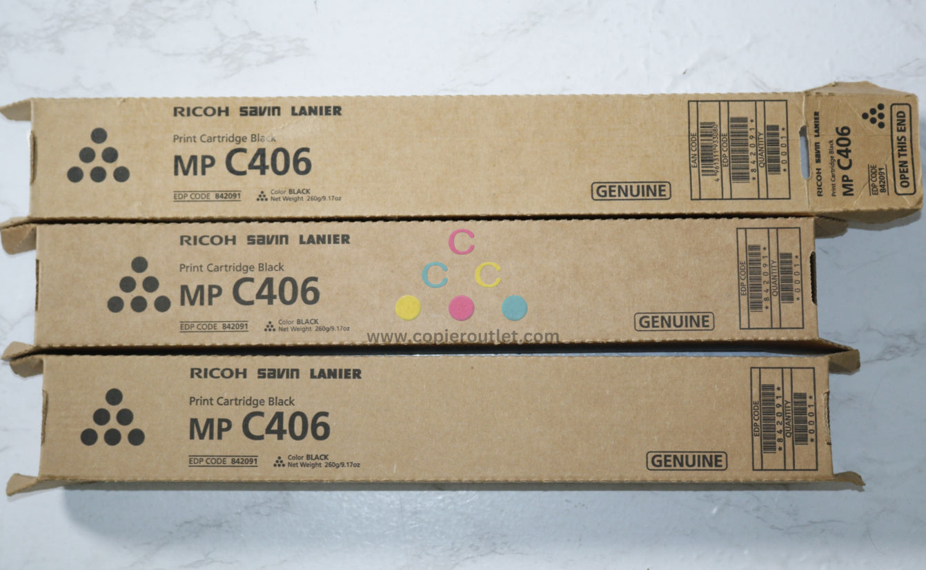 3 New OEM Ricoh MP C306, MP C307, MP C406 Black Toner Cartridges 842091