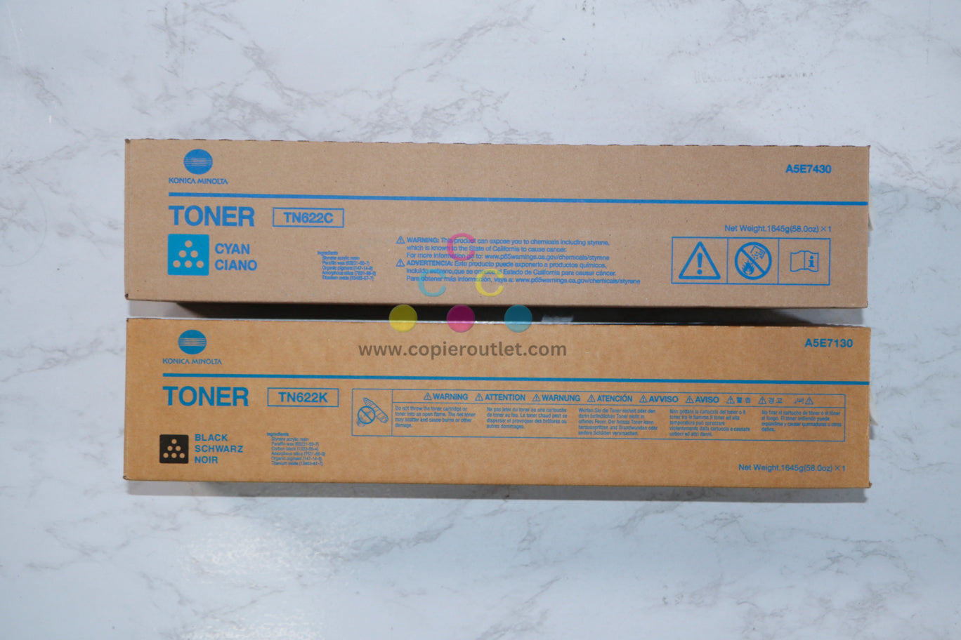 2 OEM Konica Minolta bizhub PRESS C1085,C1100 Cyan and Black Toners TN622C,TN622K