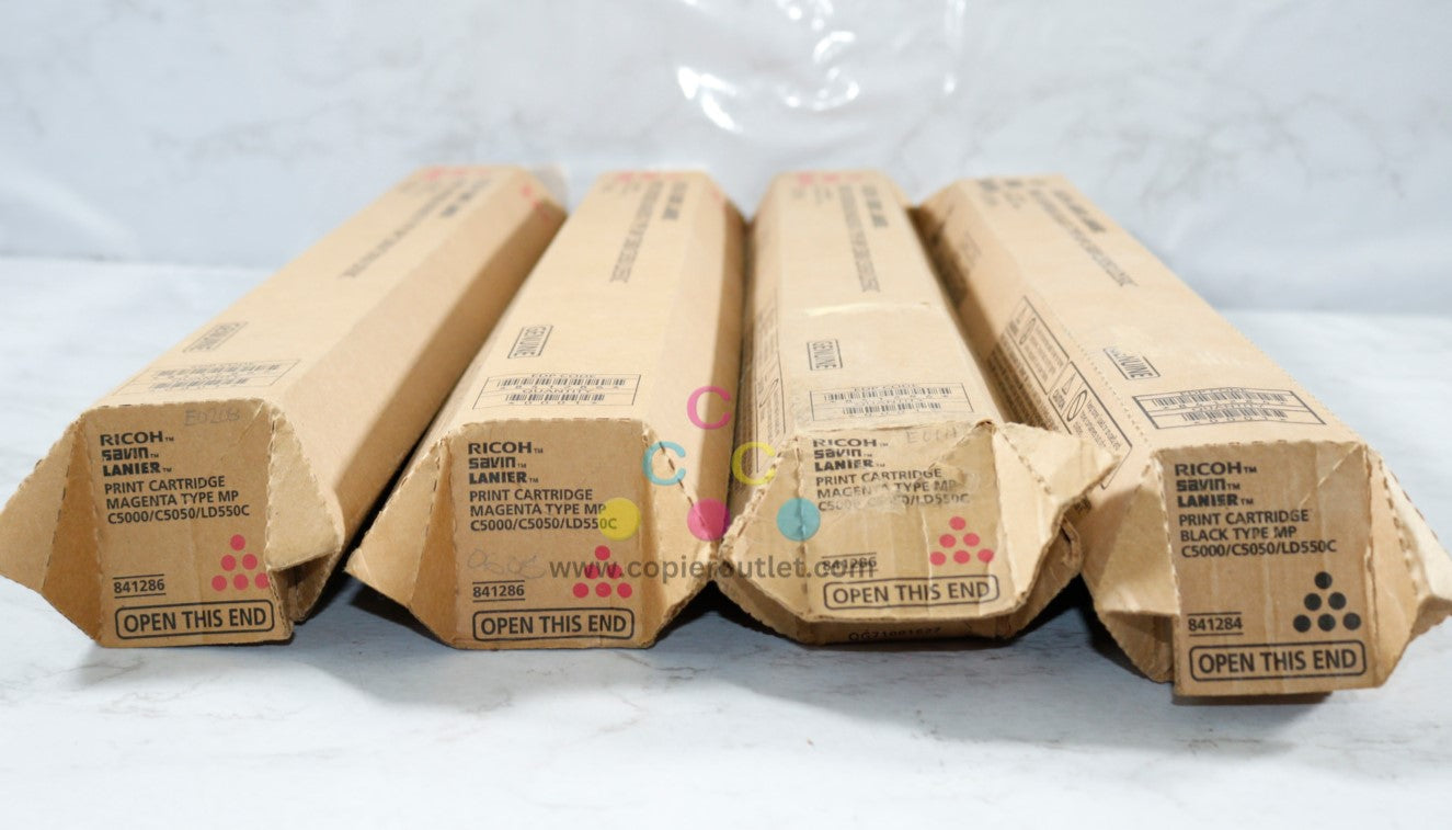 4 New OEM Ricoh C5000, C5050, LD550C MMMK Toners 841284, 841286 Same Day Ship