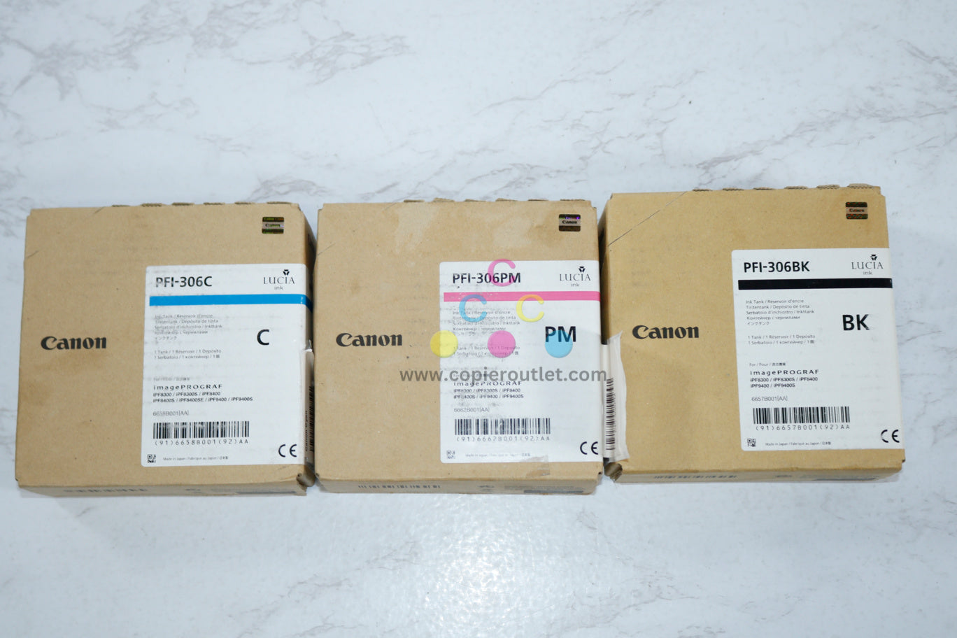 3 New OEM Canon imagePROGRAF IPF 8300, 8400 C,M,BK PF1-306 Ink Cartridges