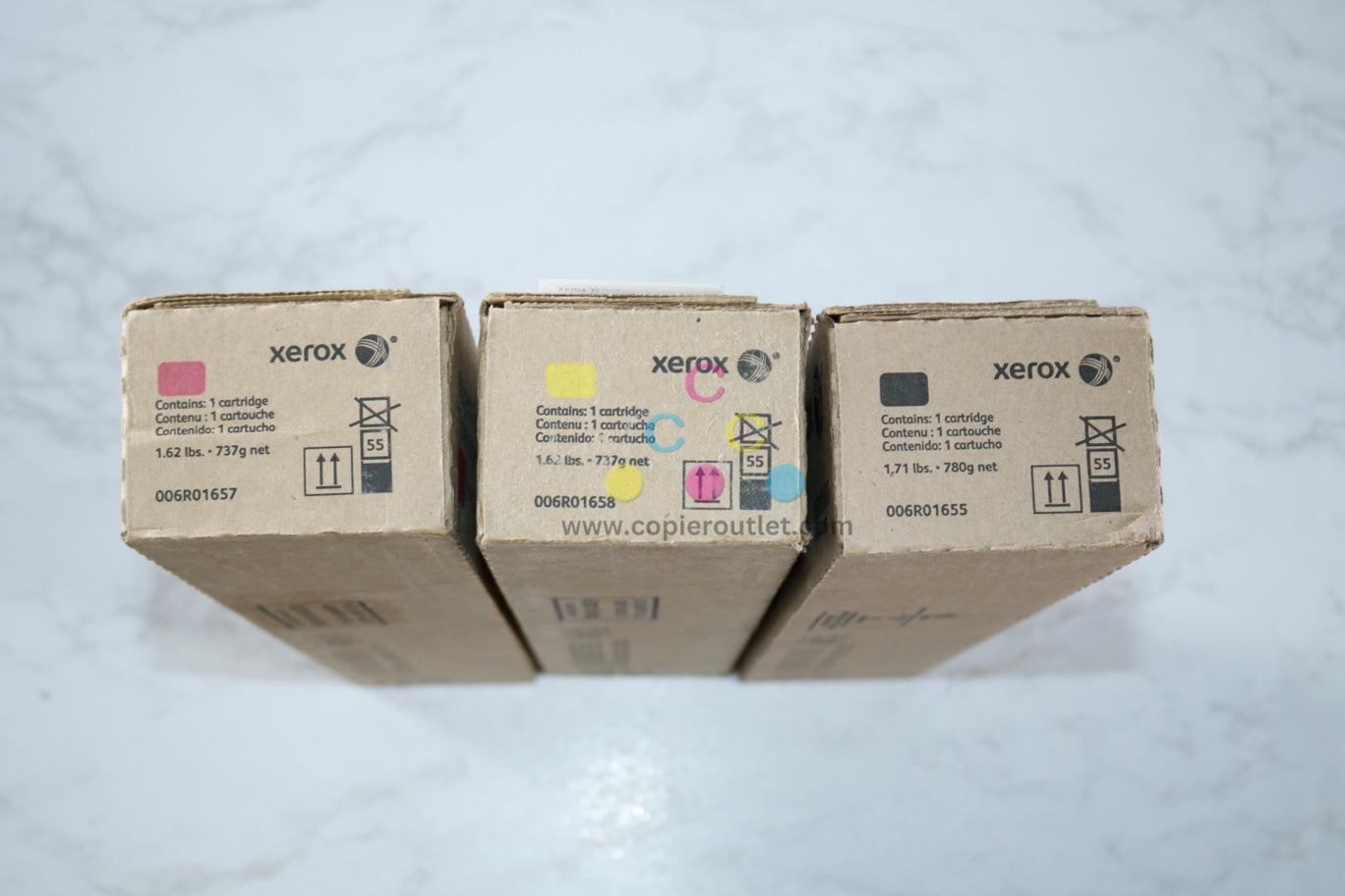 3 New OEM Xerox Color C60, C70 MYK Toner Cartridges 006R01655,6R01657, 6R01658