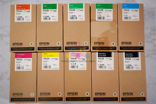 Lot Of 10 New OEM Epson Stylus Pro 4900 O,G,C,VM,Y,VLM,MBK Inks T653A/B, T6532-T6538