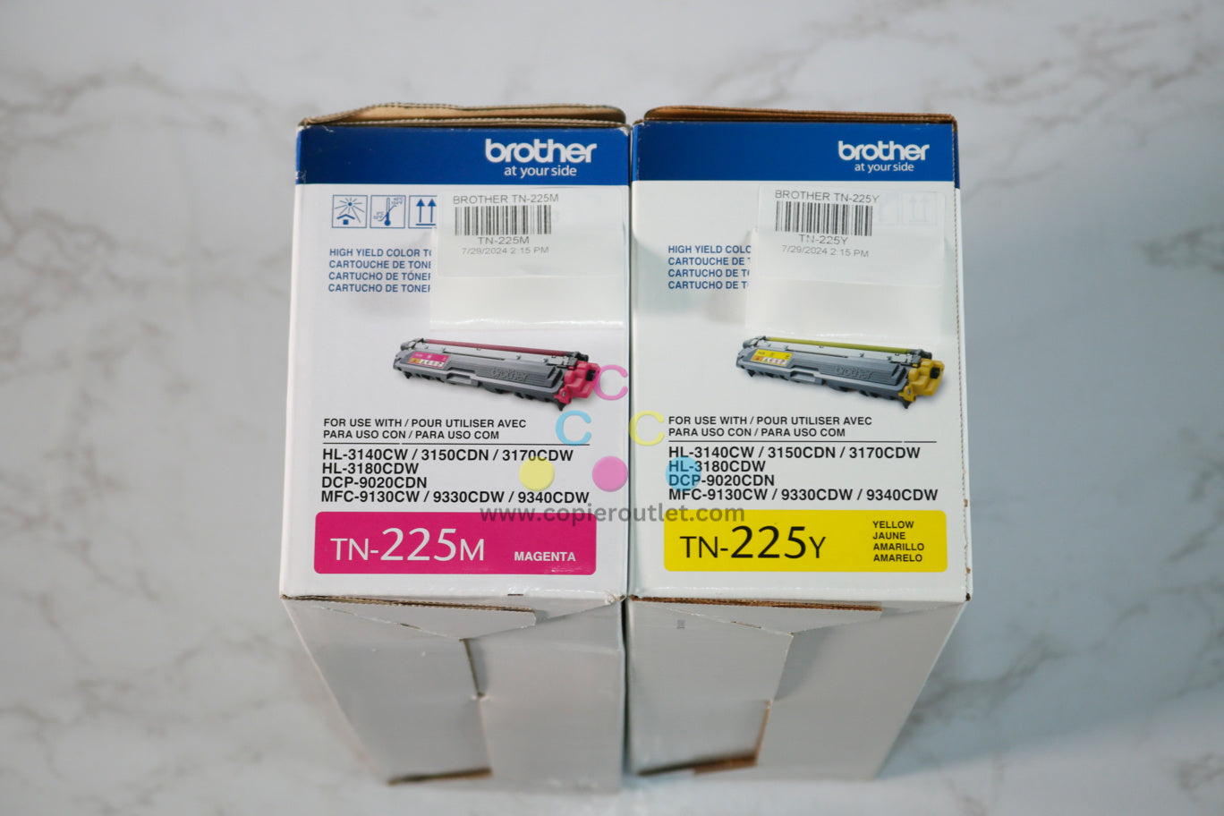 2 OEM Brother HL-3140CW,3170CDW MY High-Yield Toner TN-225M,TN-225Y (water stained)