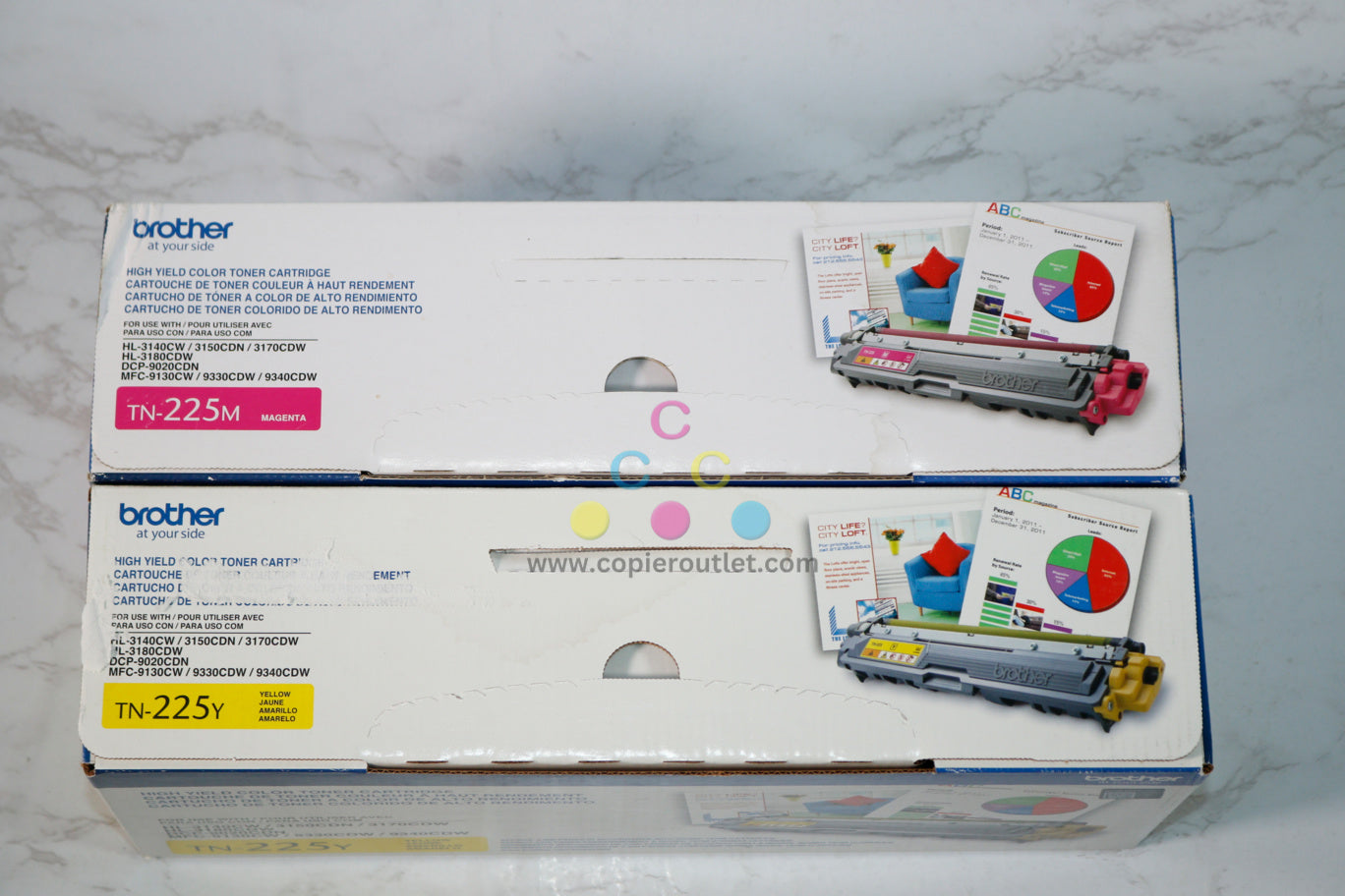 2 OEM Brother HL-3140CW,3170CDW MY High-Yield Toner TN-225M,TN-225Y (water stained)