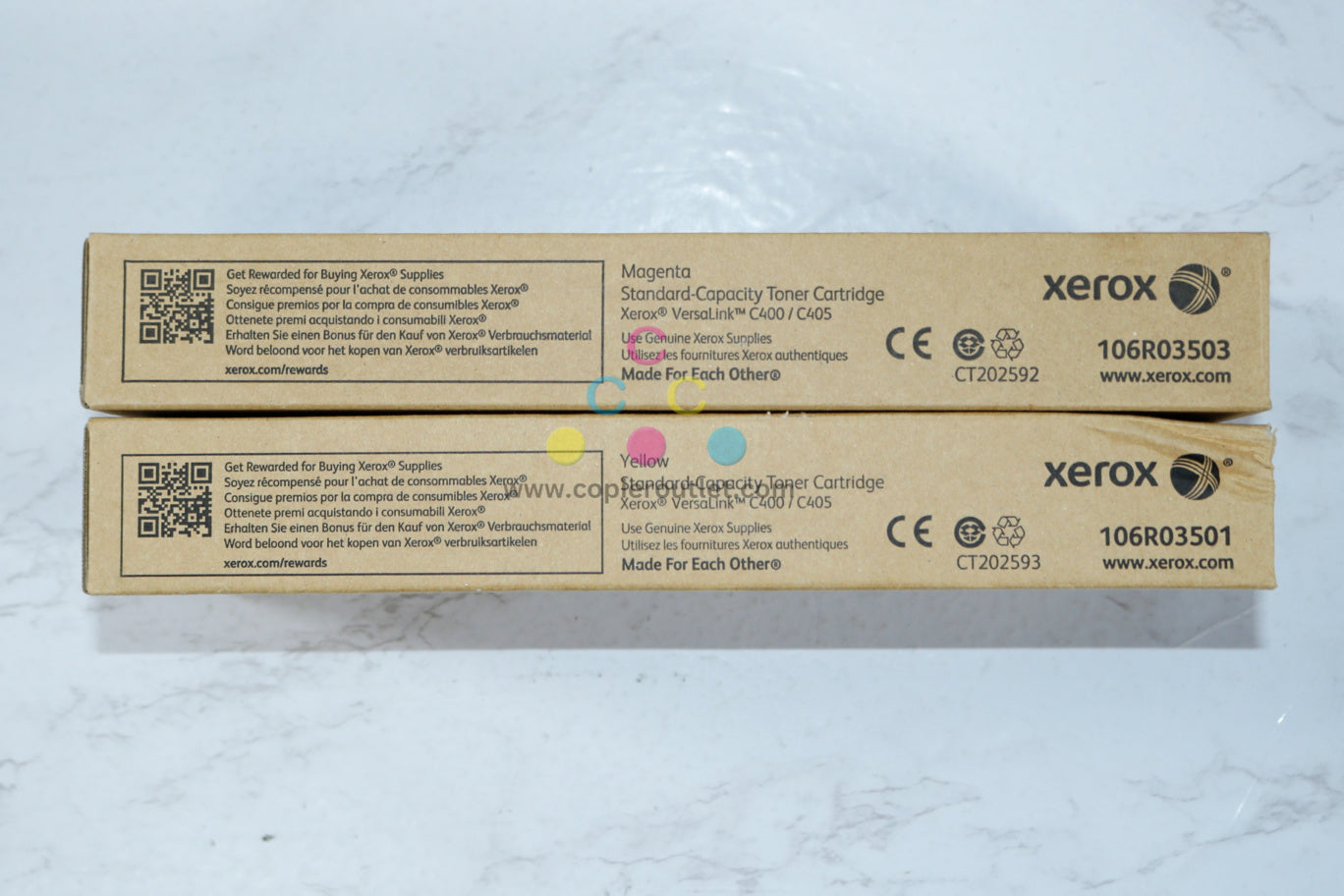 2 OEM Xerox VersaLink C400,C405 Mag. & Yellow Standard Capacity Toner 106R03501,03